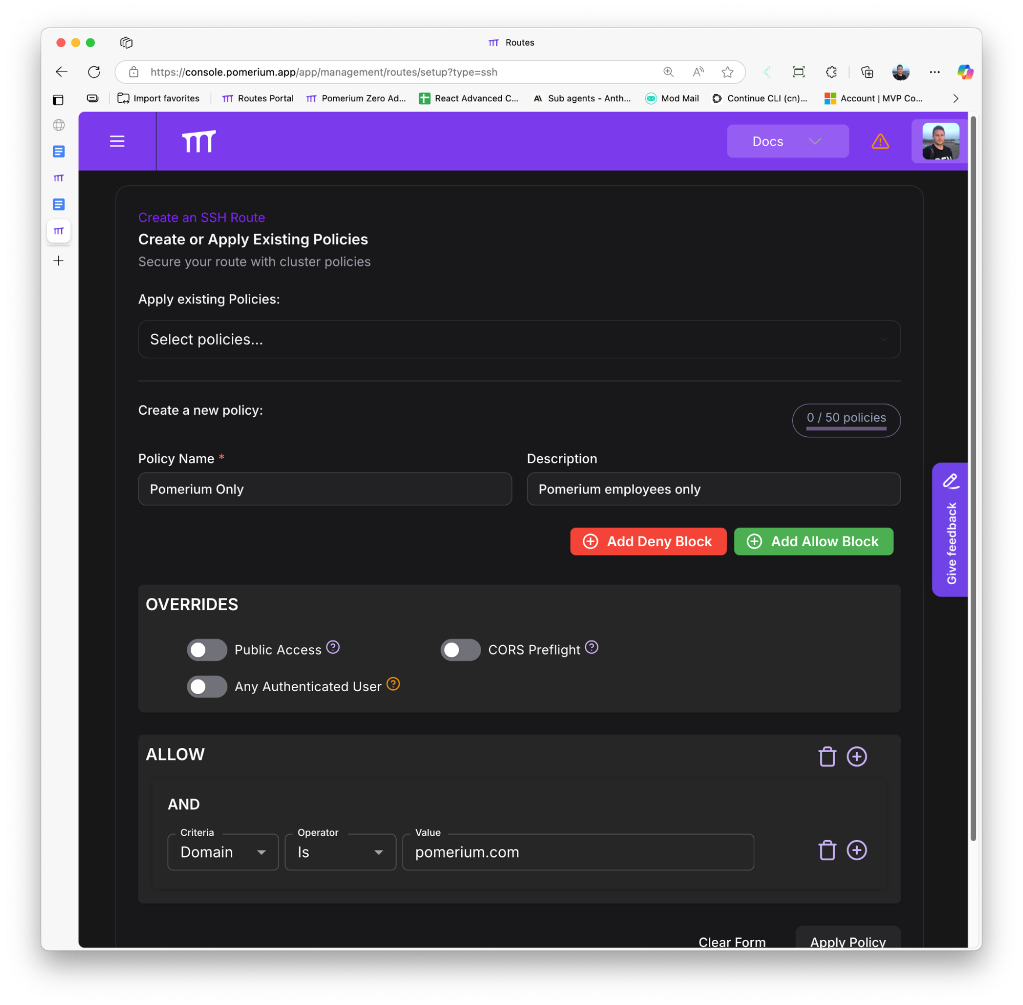Configuring access policies for the web interface route